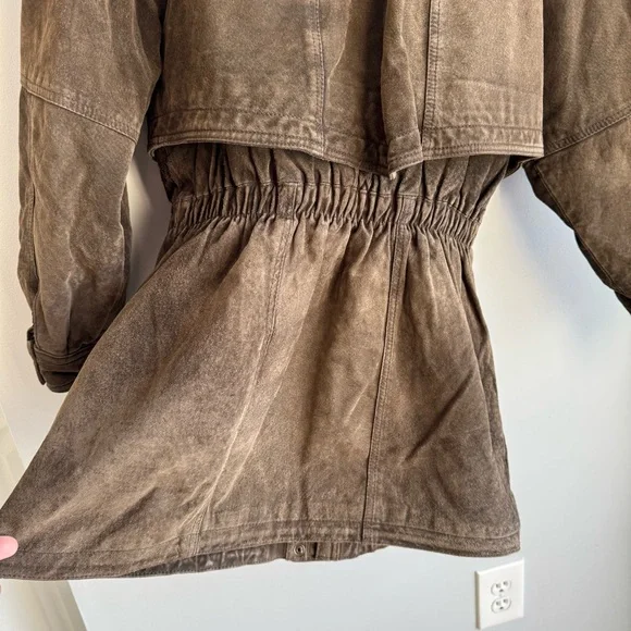 Vintage 80s Brown Suede Utility Coat Womens S Leather Longline Safari Distressed - Picture 12 of 16